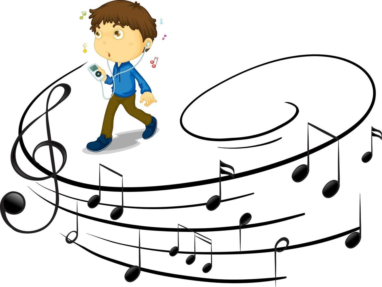 Doodle personaje de dibujos animados de un joven escuchando música con símbolos de melodía musical vector
