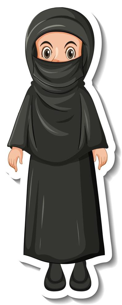 A sticker template with a muslim girl wearing black hijab and costume vector