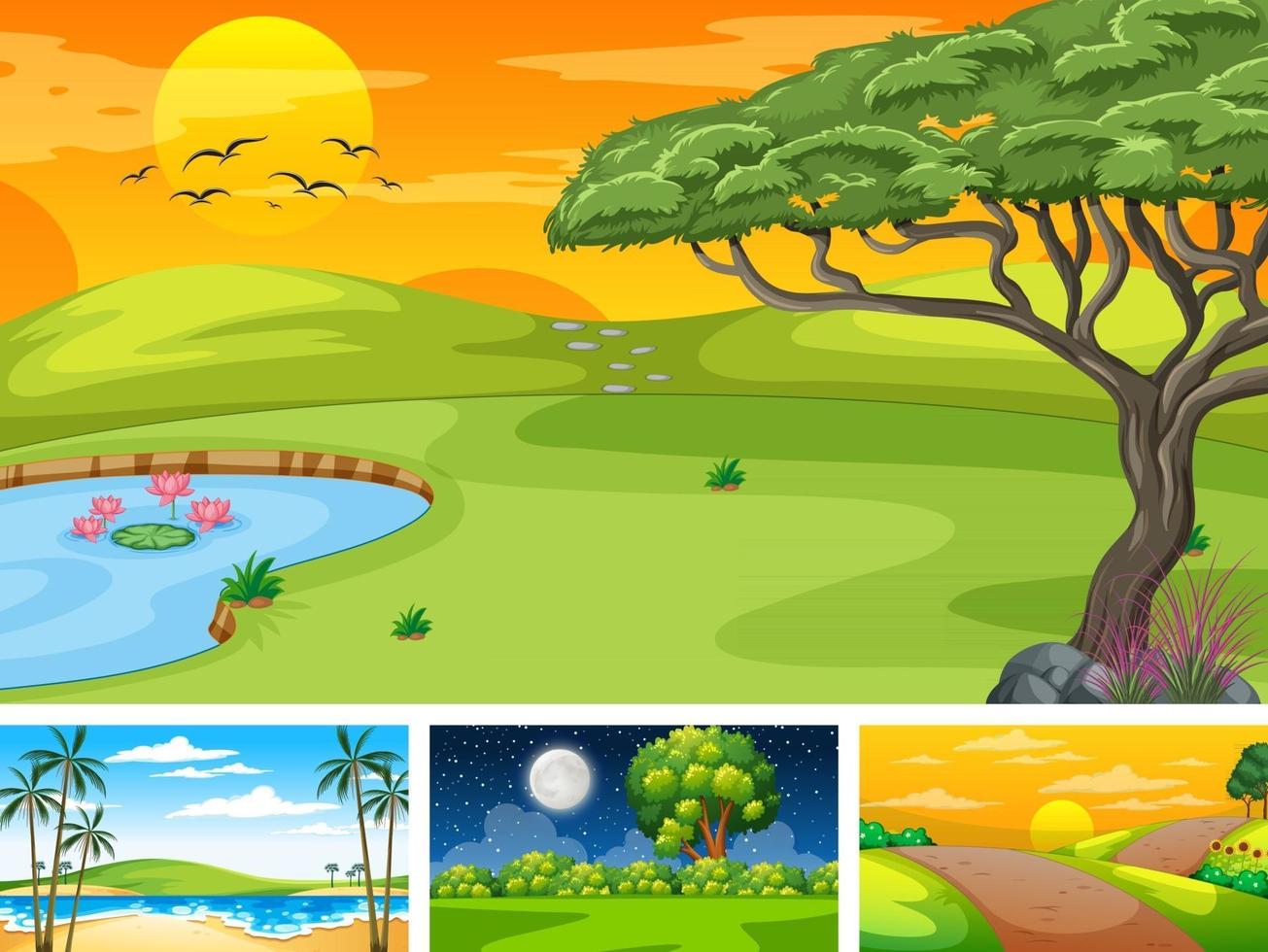 cuatro escenas diferentes de parque natural y bosque. vector