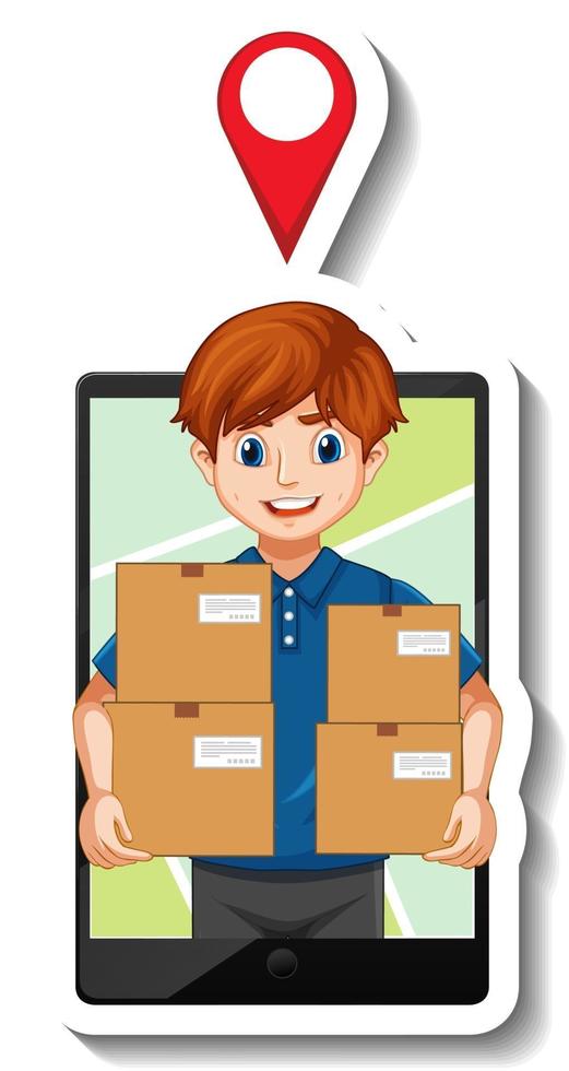 A sticker template with delivery man in uniform holding boxes vector