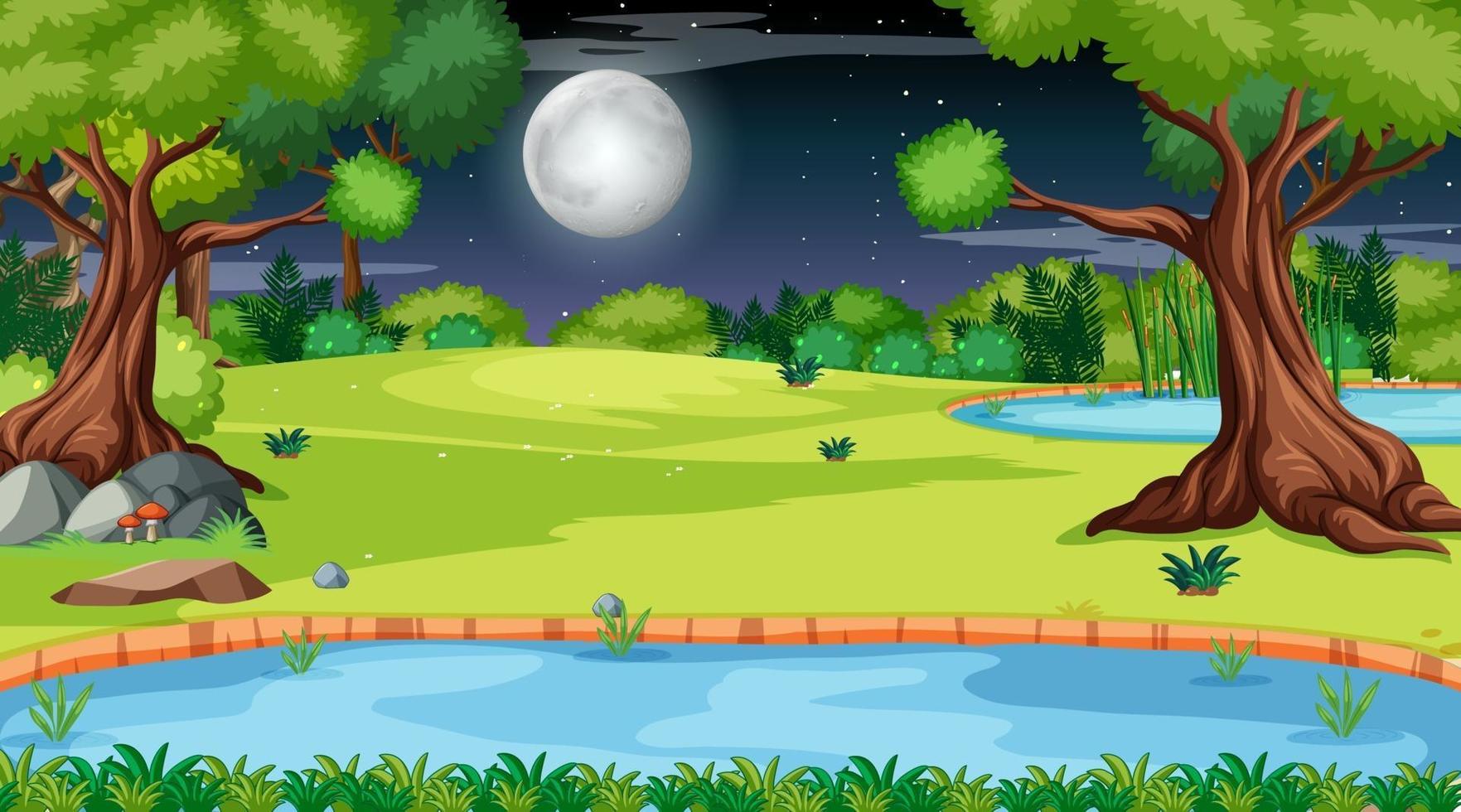 paisaje de bosque natural en la escena nocturna con un largo río que fluye a través de la pradera vector