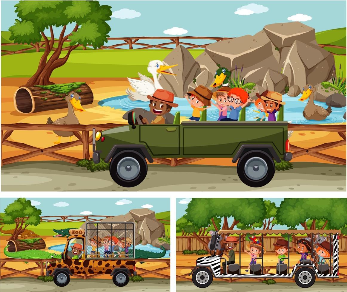 Diferentes escenas de safari con animales y personajes de dibujos animados para niños. vector