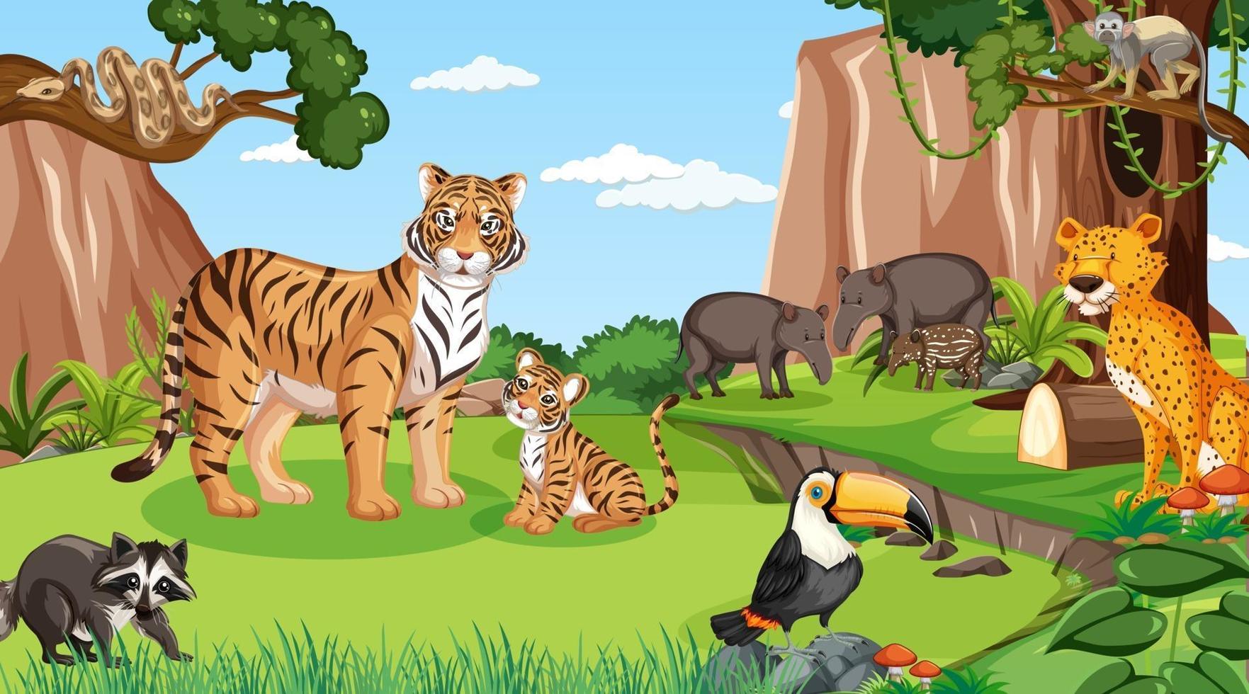 Wild animals in forest scene with many trees vector
