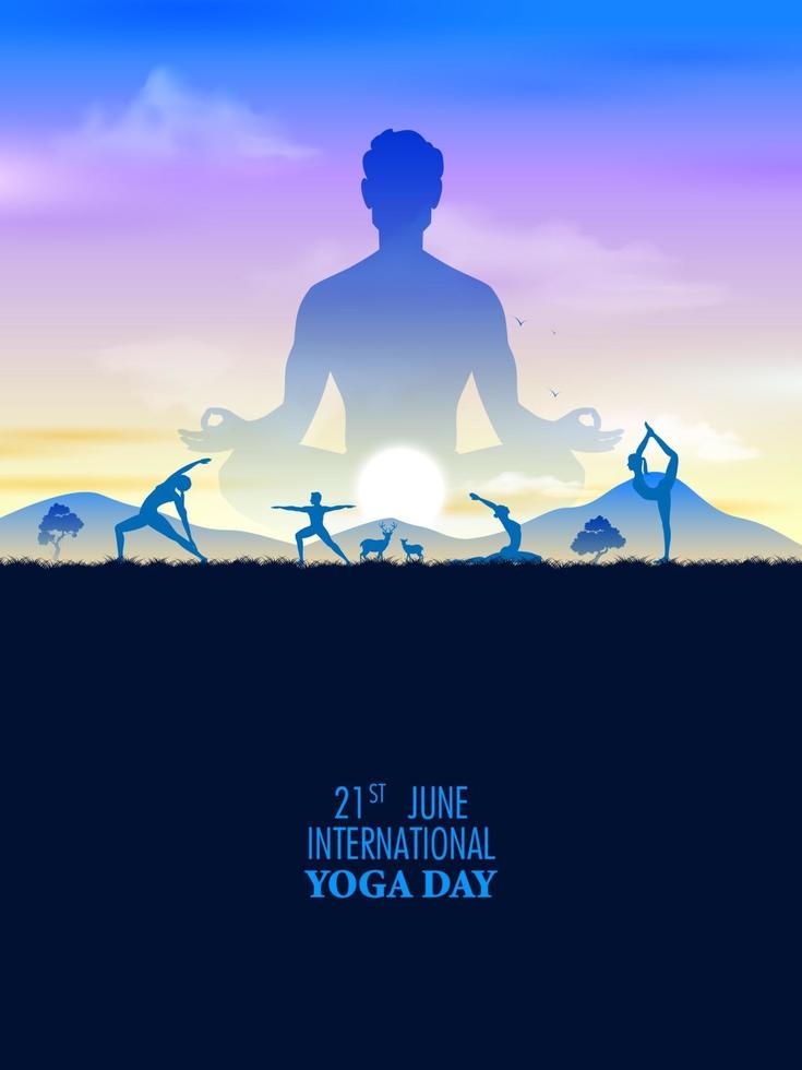 Ilustración de personas que practican asanas y meditación para el día internacional del yoga el 21 de junio vector