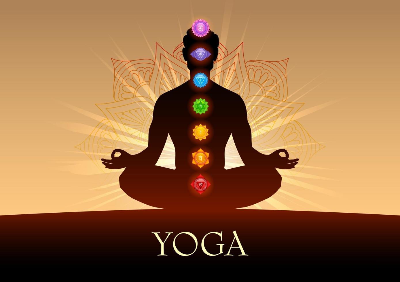 Ilustración del hombre haciendo asana para el día internacional del yoga el 21 de junio con el chakra tantra sapta que significa rueda de meditación siete vector