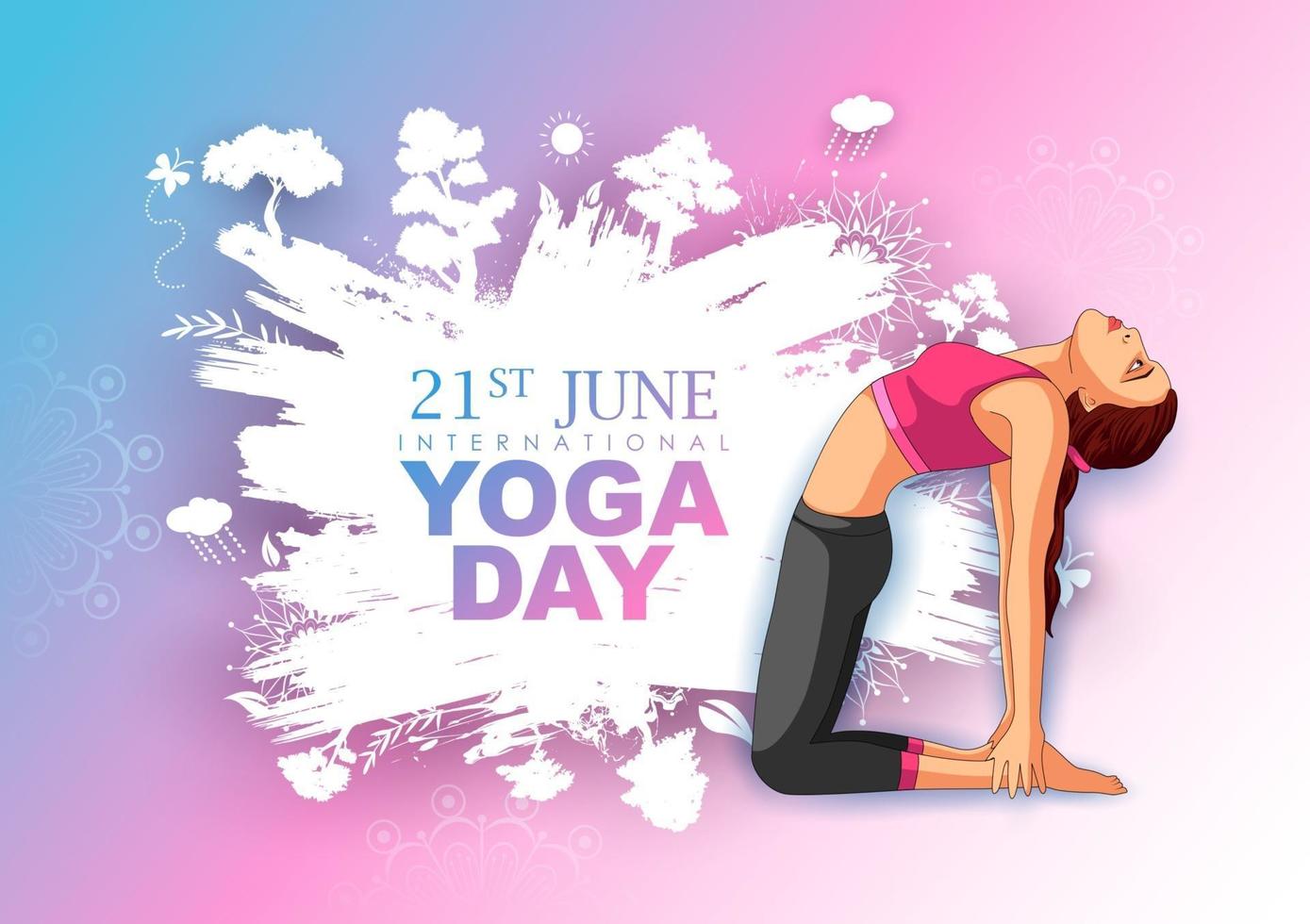 Ilustración de una mujer haciendo asanas y práctica de meditación para el día internacional del yoga el 21 de junio vector