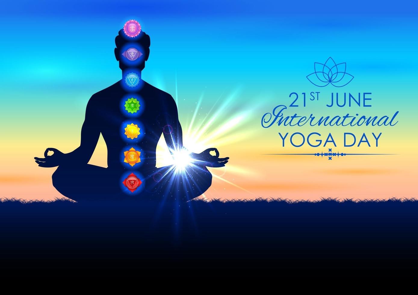 Ilustración del hombre haciendo asana para el día internacional del yoga el 21 de junio con el chakra tantra sapta que significa rueda de meditación siete vector