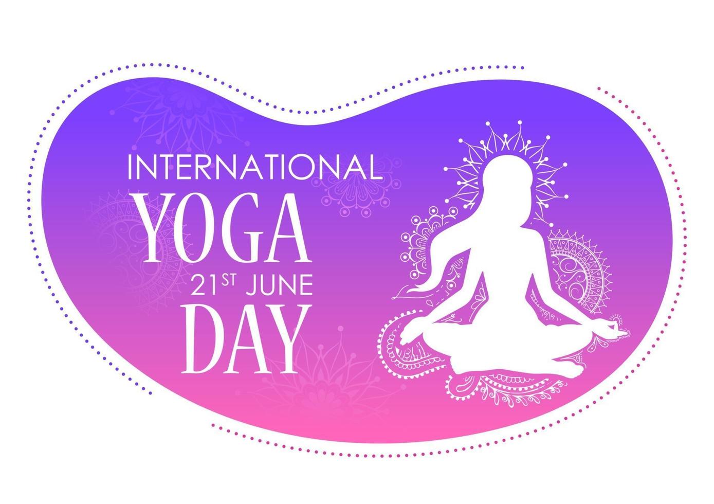 Ilustración de una mujer haciendo asanas y práctica de meditación para el día internacional del yoga el 21 de junio vector