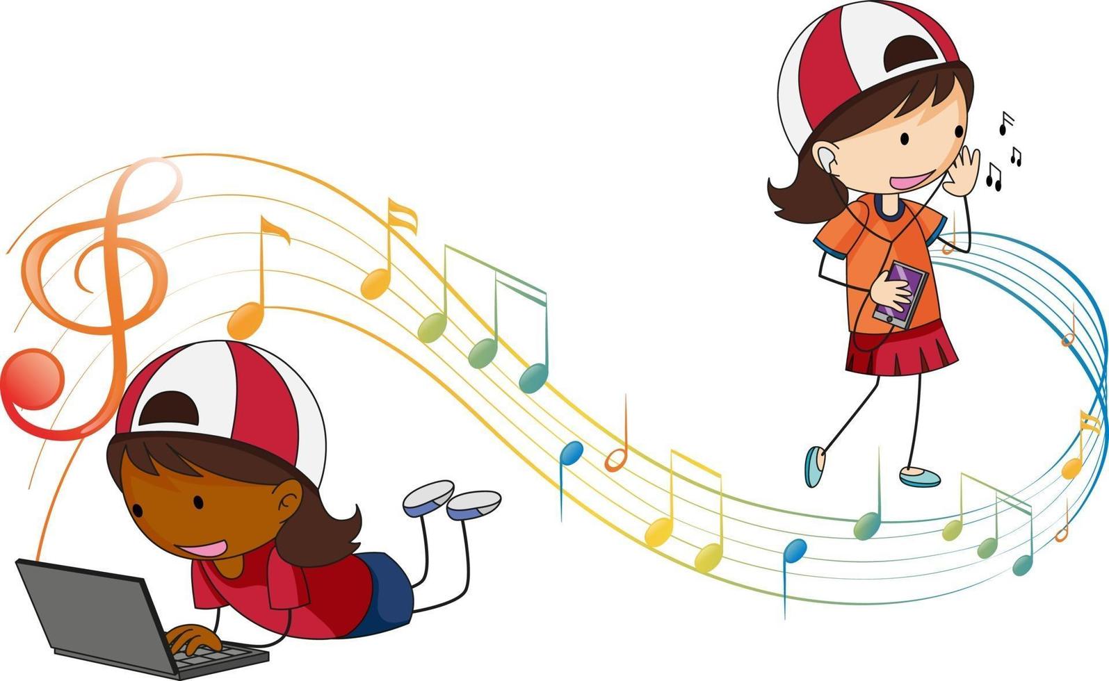 Doodle cartoon character of girls listening music with musical melody symbols vector