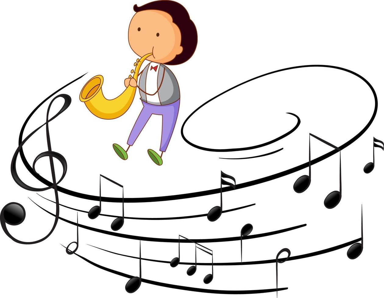 Doodle personaje de dibujos animados de un hombre tocando el saxofón con símbolos de melodía musical vector