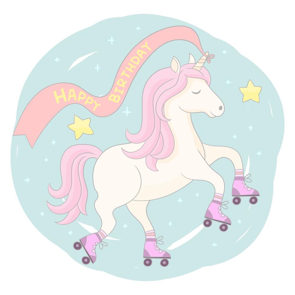un lindo personaje de unicornio patinando vector