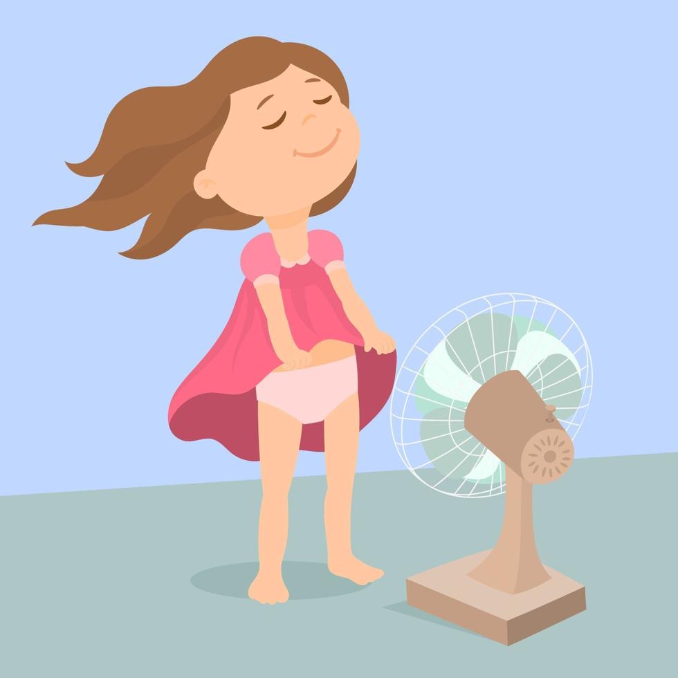 Chica sudando refrescándose con ventilador vector