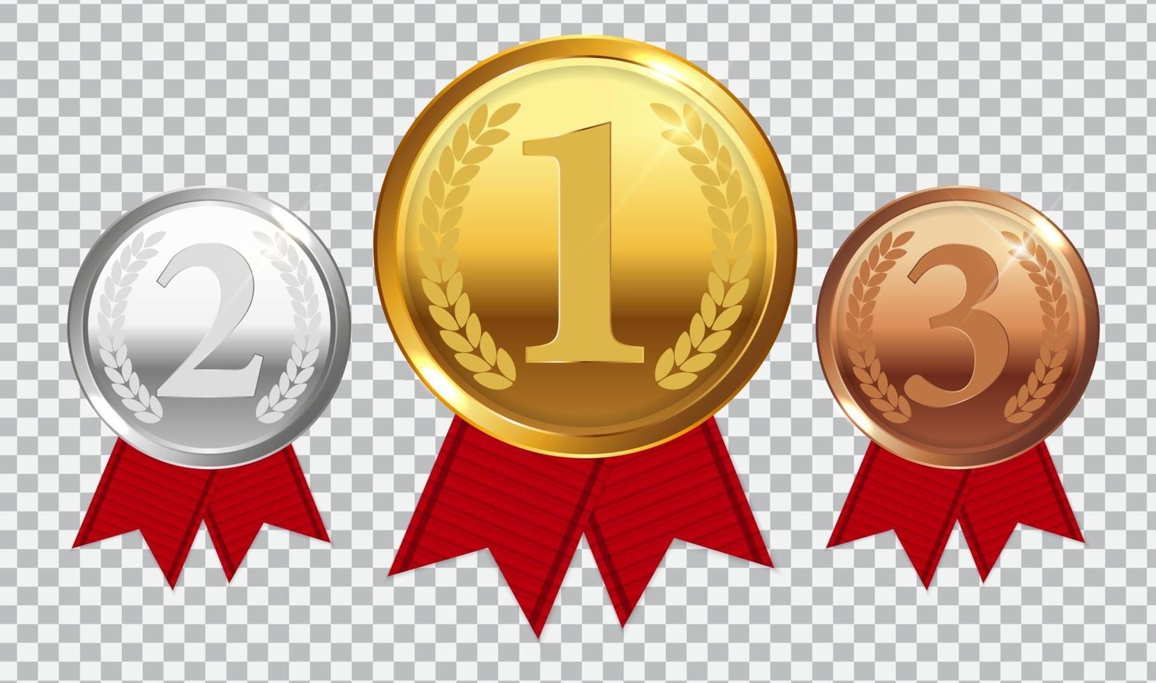 Champion Gold, Silver and Bronze Medal with Red Ribbon. Icon Sign of First, Second  and Third Place Isolated on Transparent Background. Vector Illustration