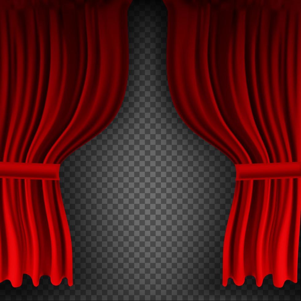 Realistic colorful red velvet curtain folded on a transparent background. Option curtain at home in the cinema. Vector Illustration