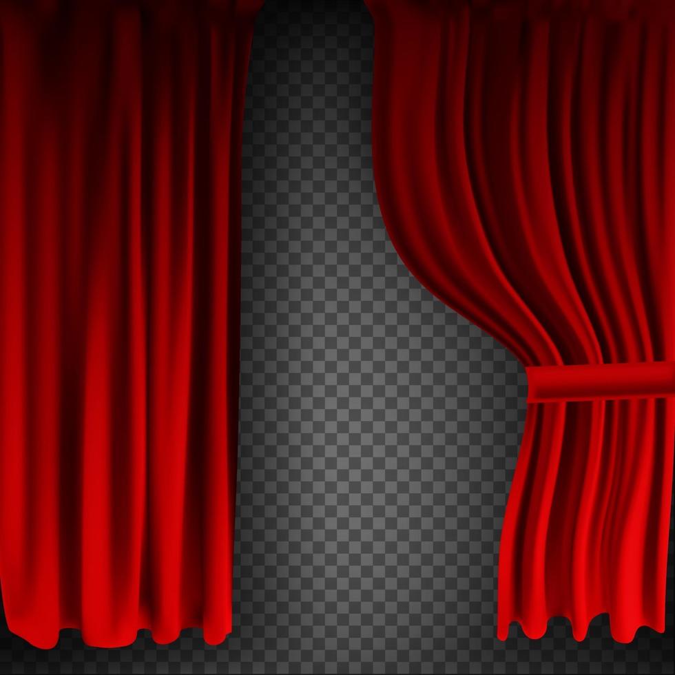 Realistic colorful red velvet curtain folded on a transparent background. Option curtain at home in the cinema. Vector Illustration