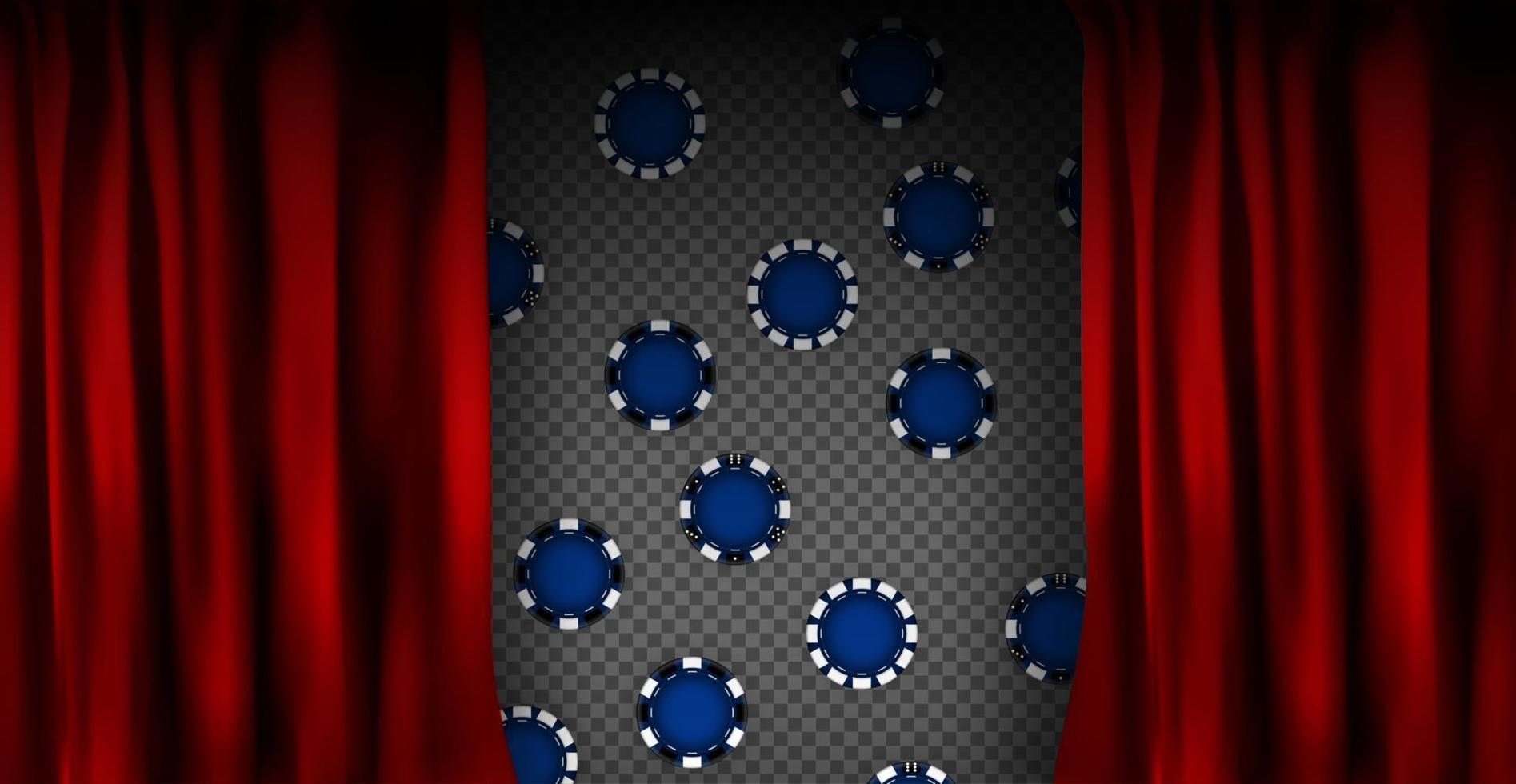 cortina de terciopelo rojo colorido realista. bajo las cortinas de juego fichas de juego. Opción cortina a domicilio en casino. ilustración vectorial vector