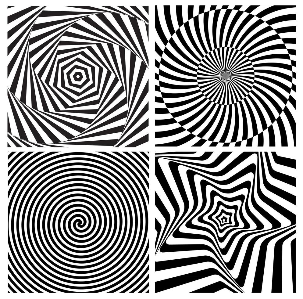 Black and White Hypnotic Psychedelic Spiral with Radial Rays, Twirl Background Collection Set Pattern. Vector Illustration