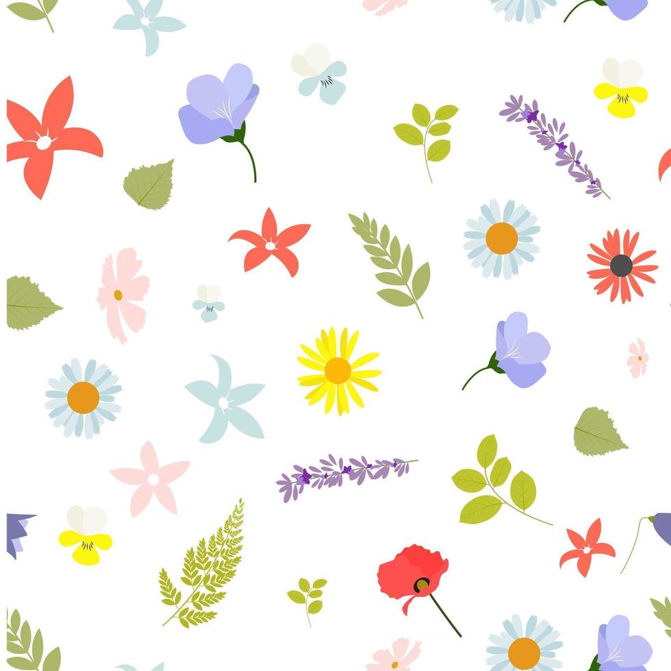 Summer Abstract Seamless Pattern Background with Leaves and Flowers. Vector Illustration