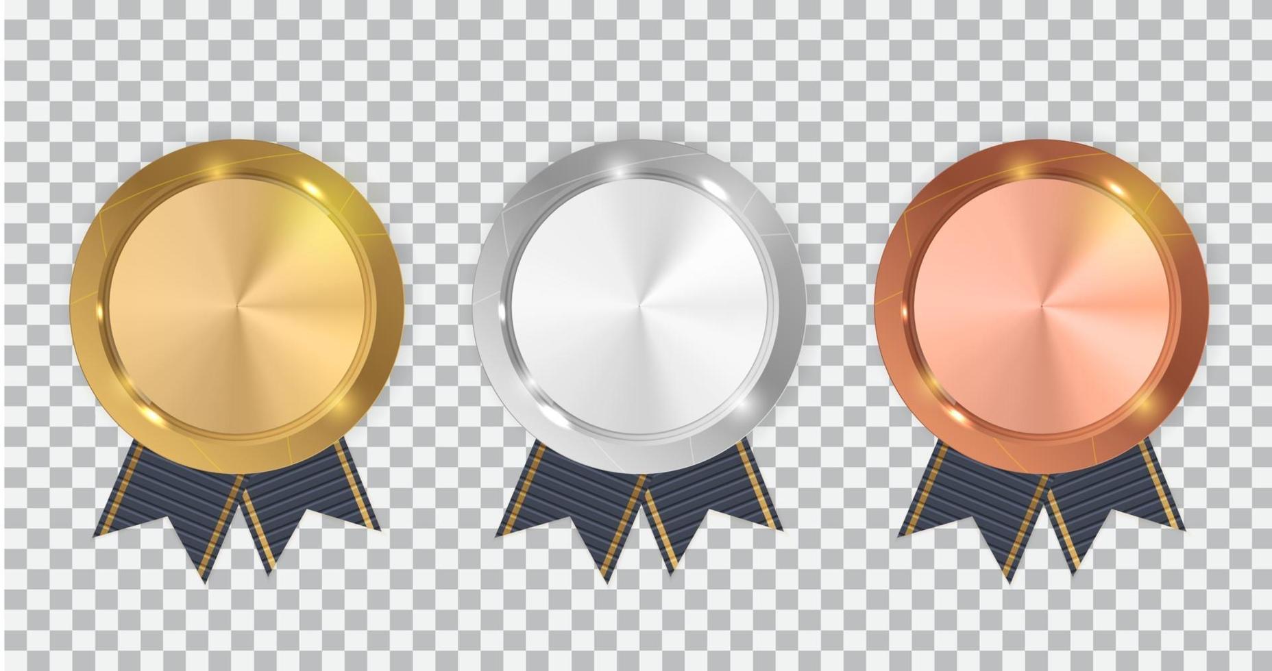 Champion Gold, Silver and Bronze Medal with Blue Ribbon. Icon Sign of First, Second  and Third Place Isolated on Transparent Background. Vector Illustration