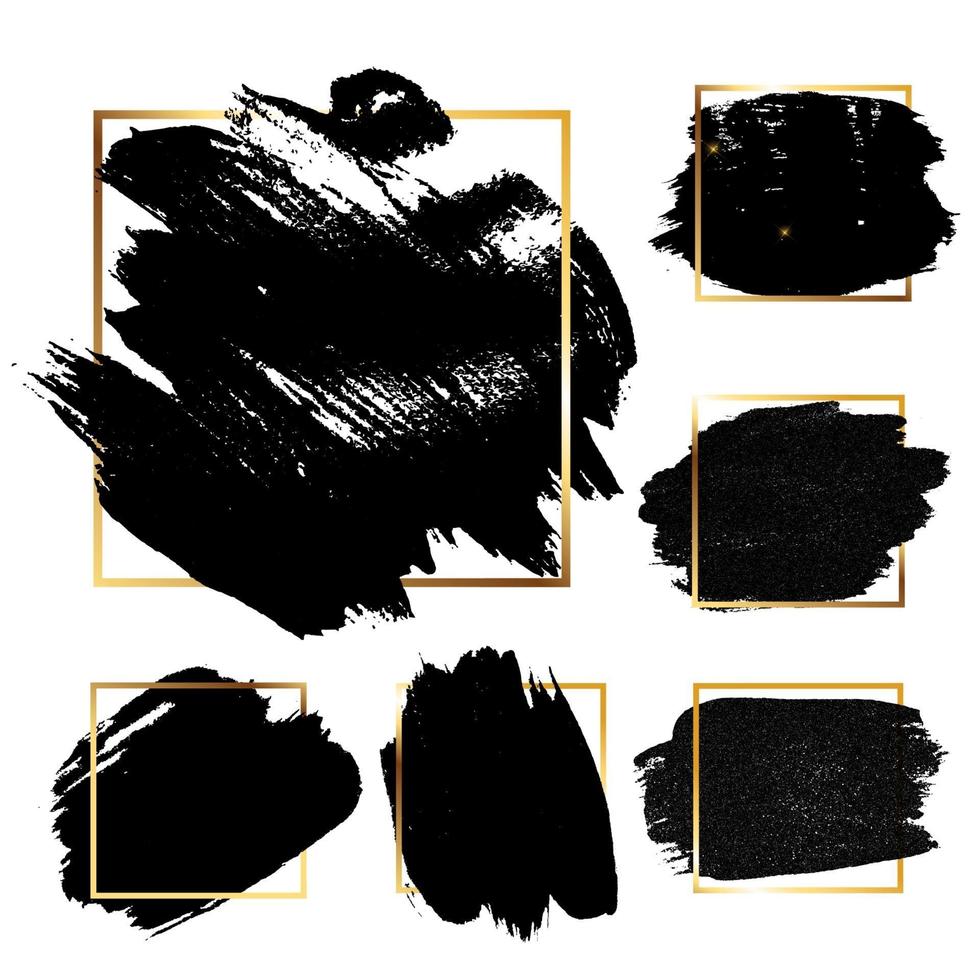 Black Grunge Brush paint ink stroke with square frame backgrounds set. Vector Illustration