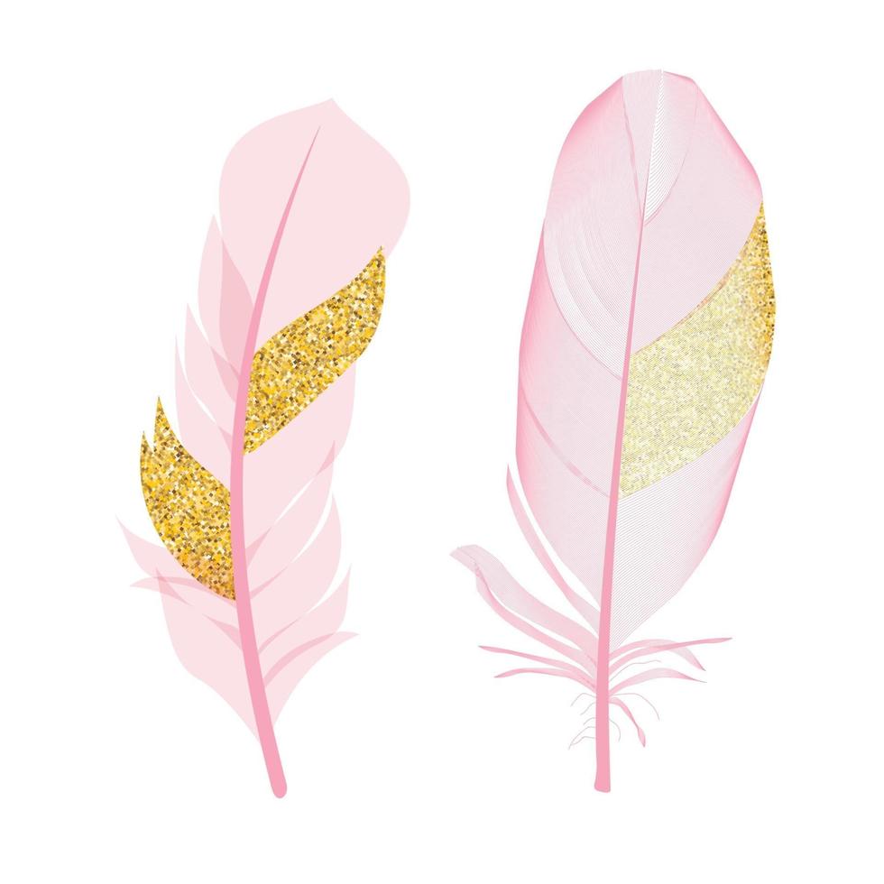 Pink and Golden Glitter Painted Birds of Feather Isolated on White Background. Vector Illustration