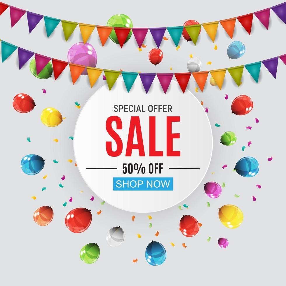 Abstract Designs Sale Banner with Balloons and Flags. Vector Illustration