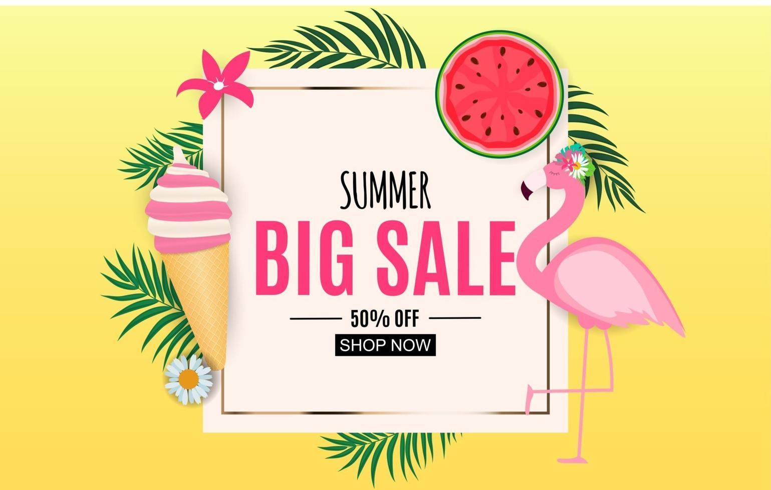Abstract Summer Sale Background with Palm Leaves, Watermelon, Ice Cream and Flamingo. Vector Illustration