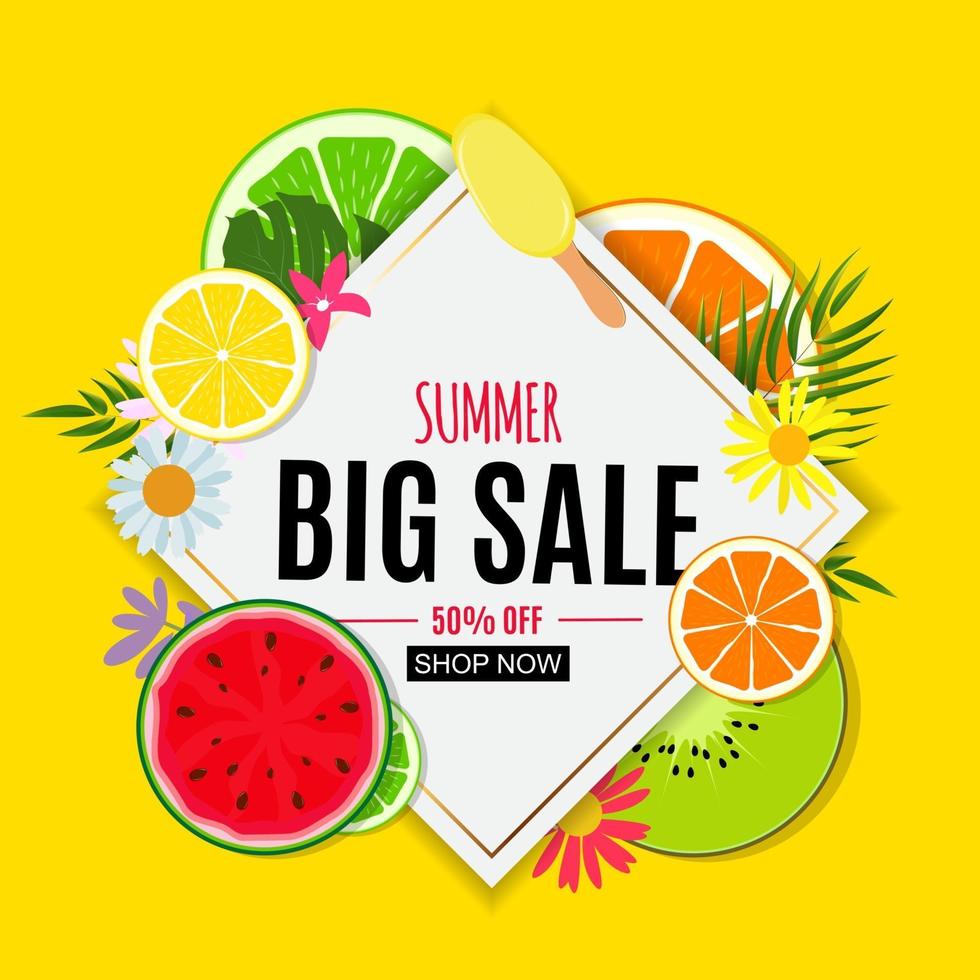 Abstract Summer Sale Background with Fresh Fruits. Vector Illustration