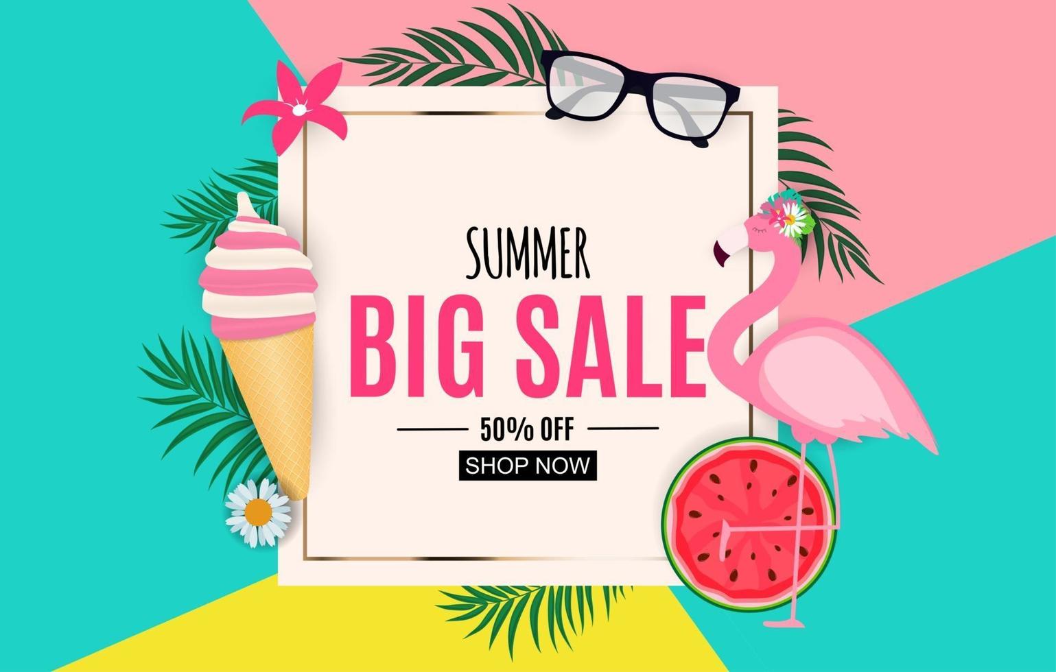 Abstract Summer Sale Background with Palm Leaves, Watermelon, Ice Cream and Flamingo. Vector Illustration