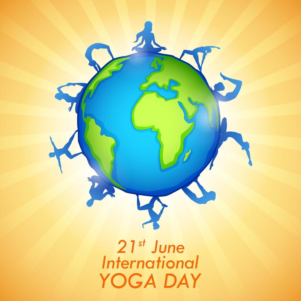 Ilustración de personas que practican asanas y meditación para el día internacional del yoga el 21 de junio vector