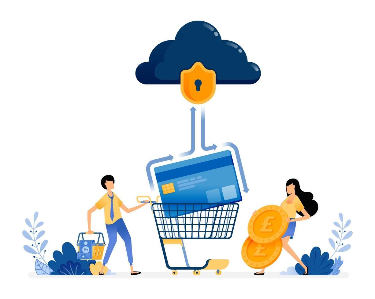 Vector Design of credit card banking security people holding coins and shopping baskets financial data protection illustration Can be for websites posters banners mobile apps web social media