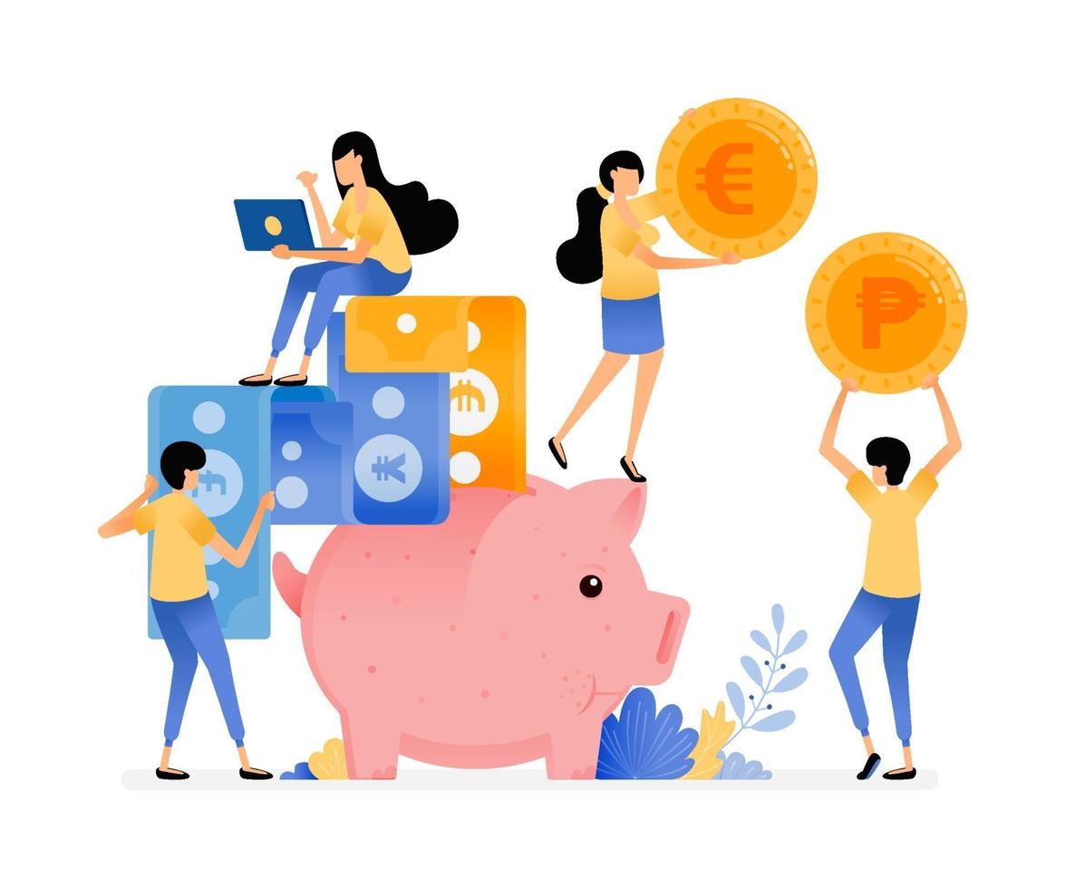 Vector Design Of People Save In Piggy Banks Collect Coins And Paper Money Banking Awareness And Financial Literacy Illustration Can Be For Websites Posters Banners Mobile Apps Web Social Media