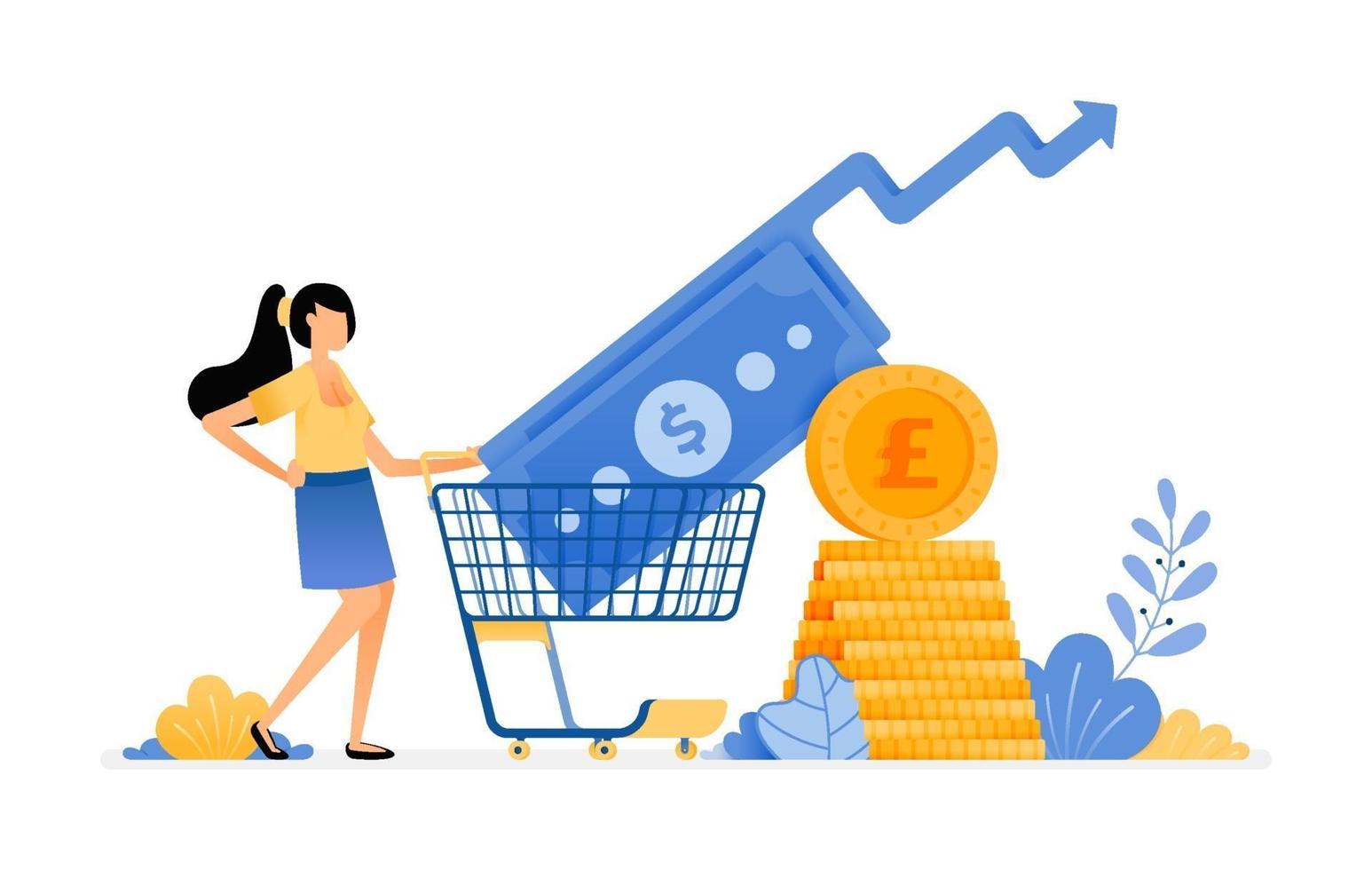 diseño vectorial de compras crecientes inversiones en el mercado financiero secundario fondos mutuos depósito del comercio futuro la ilustración puede ser para sitios web carteles pancartas aplicaciones móviles redes sociales web vector