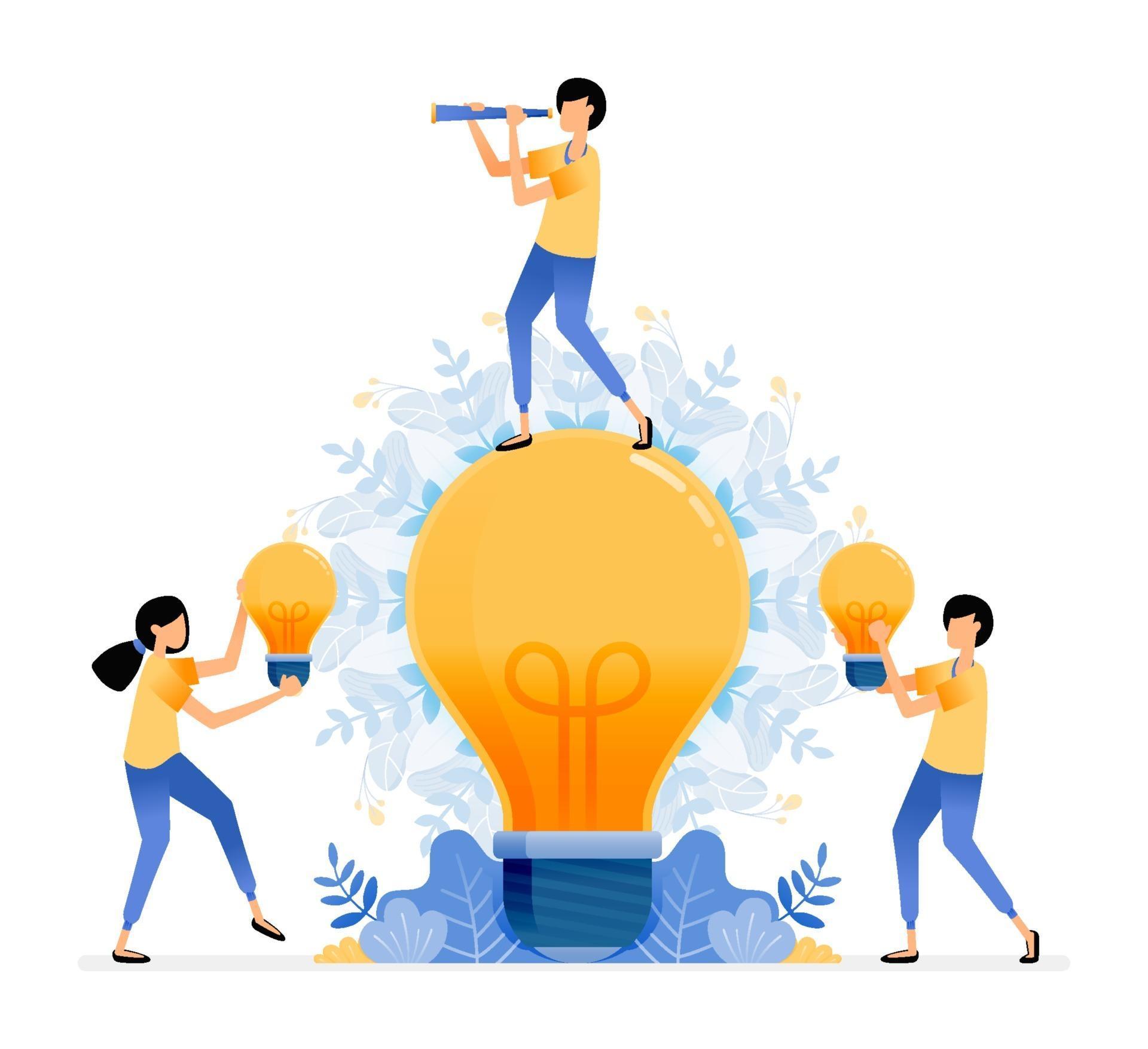 Vector Design of find and explore ideas man standing on light bulb ...