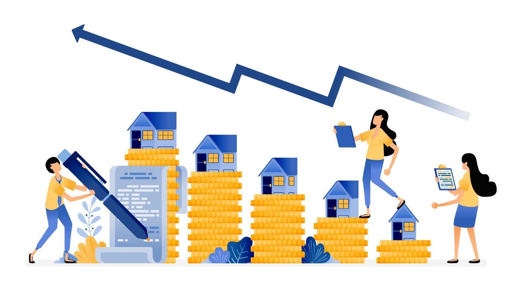 Vector Design of increase in housing market investment prices with good returns mortgage purchase agreement sign illustration Can be for websites posters banners mobile apps web social media