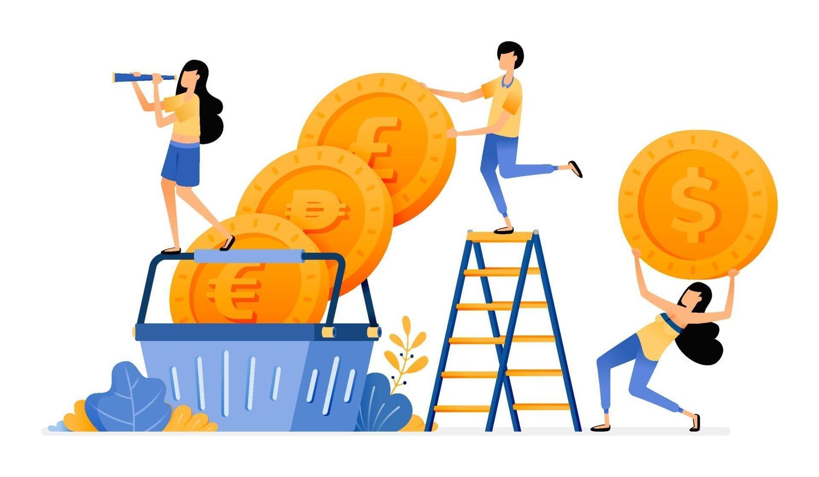 Vector Design of foreign currency coins in basket buying investment increases in financial markets and mutual funds illustration Can be for websites posters banners mobile apps web social media