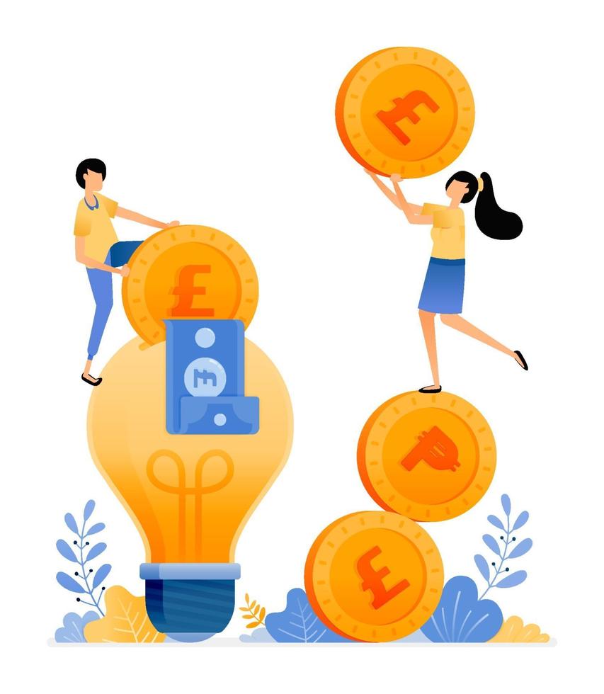 Vector Design of prices for saving ideas and financial literacy people holding coins and put money into light bulb illustration Can be for websites posters banners mobile apps web social media