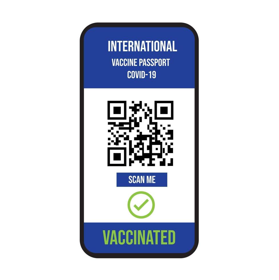 Certificate of vaccination on mobile phone screen. scan QR code vaccine covid-19 international icon symbol on white background. vector