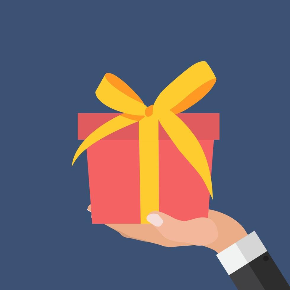 Hand with Gift Box Flat Design. Present, Gift, oupon Concept. Vector Illustration EPS10