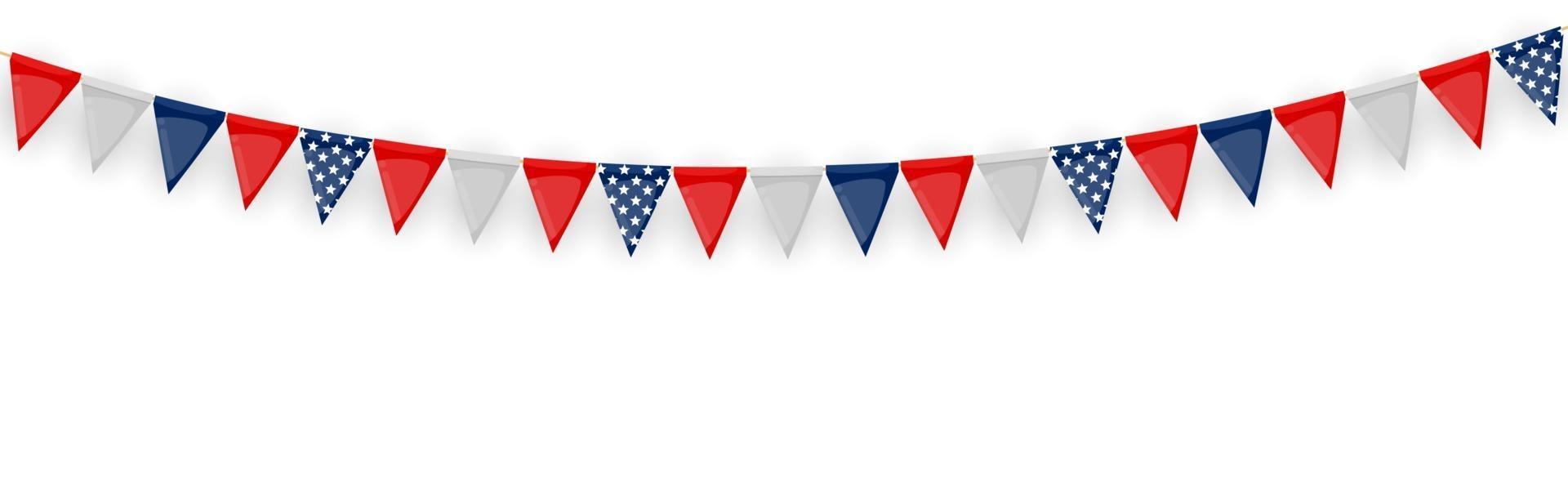 Banner with garland of flags and ribbons. Holiday Party background for birthday party, carnaval isolated on white. Vector Illustration