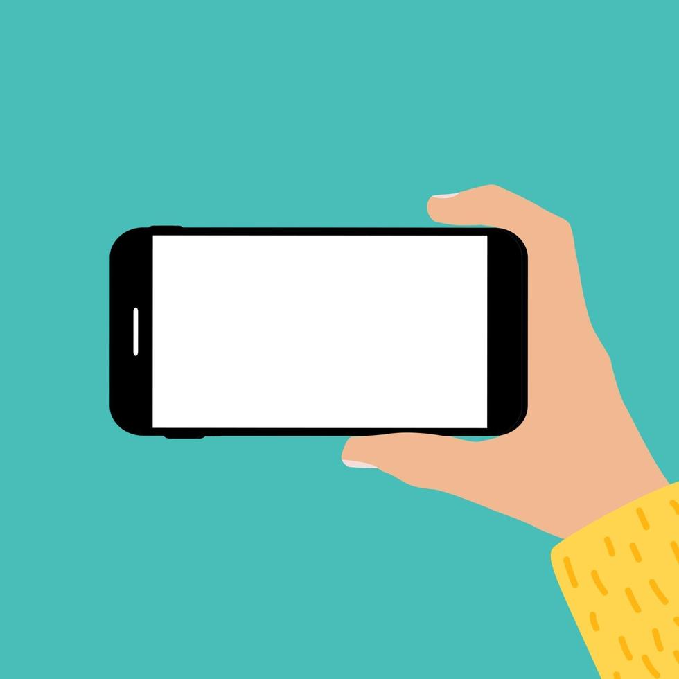 Hand holding mobile phone with empty screen template. Can be used for advertisment . Vector Illustration