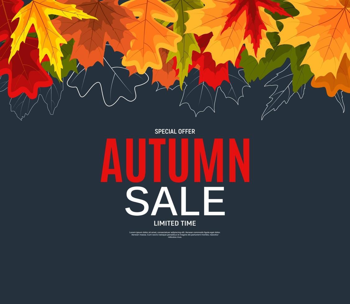 Banner de venta de hojas de otoño brillante. tarjeta de descuento comercial. ilustración vectorial vector