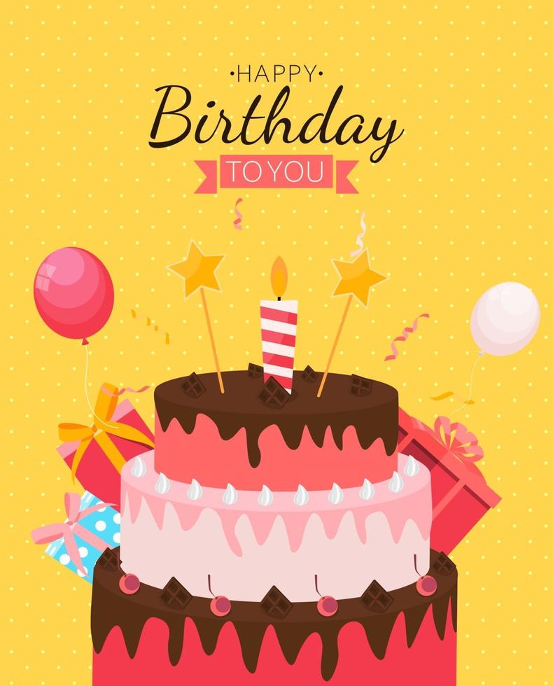 Cute Happy Birthday Background with Gift Box, Cake and Candles. Design Element for Party Invitation, Congratulation. Vector Illustration EPS10