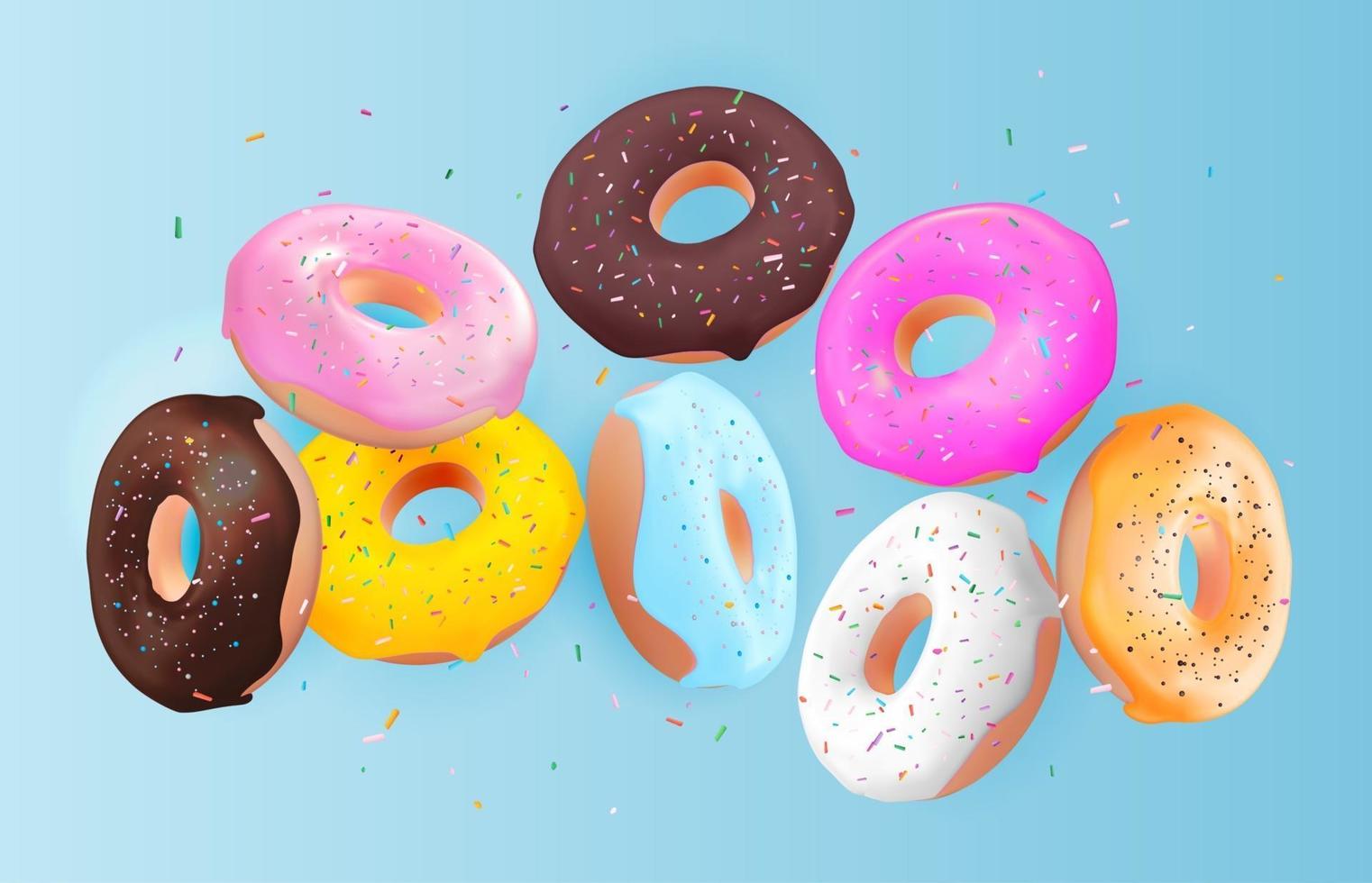 Realistic 3d sweet tasty donut background. Can be used for dessert menu, poster, card. Vector illustration EPS10