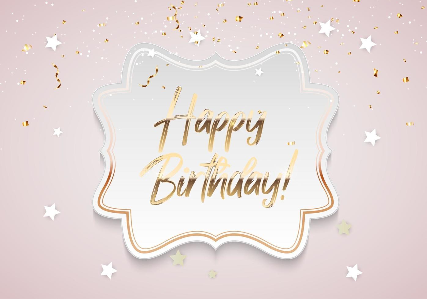 Golden Glossy Happy Birthday Background Template with Confetti and Frame.Template for design invitation,flyer, poste, banners. Vector Illustration EPS10