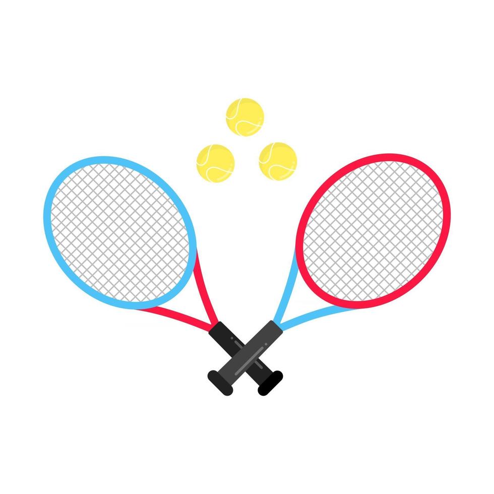 Two tennis rackets and balls flat style design icon sign vector illustration isolated on white background. Symbols of the tennis game competition.