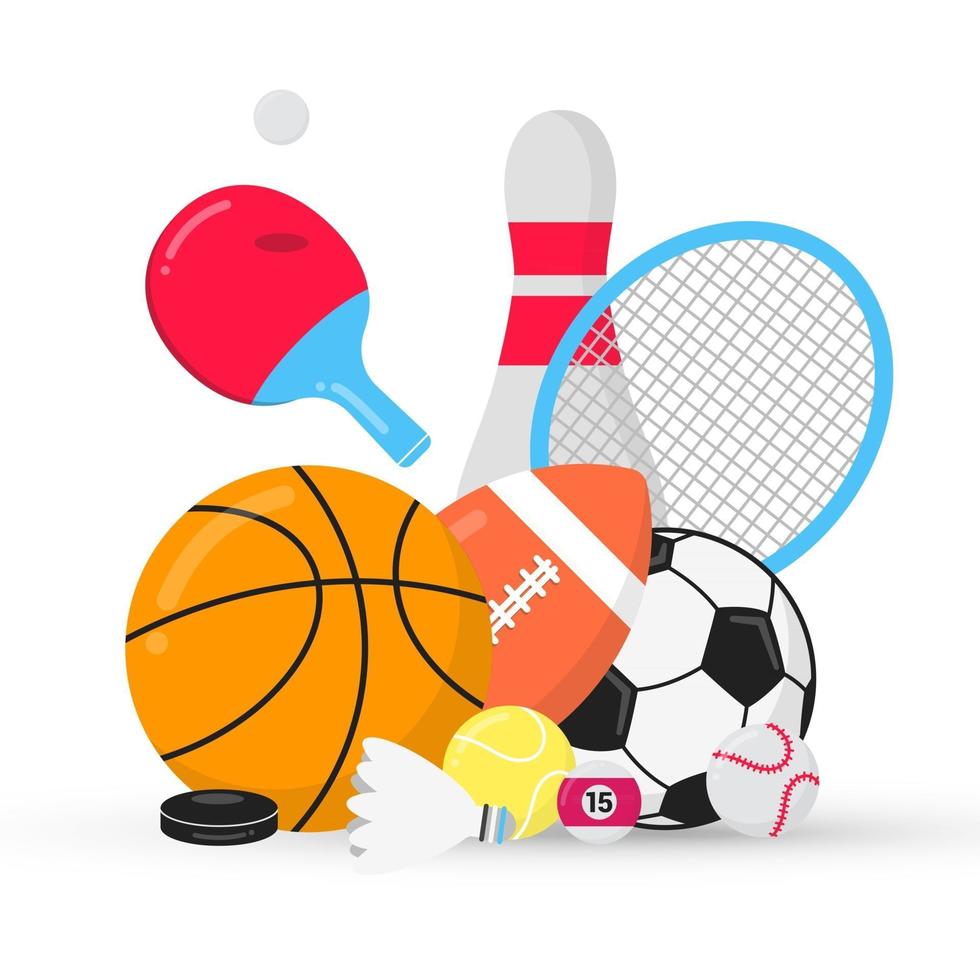 Sport gaming composition with balls - soccer, football, basketball. Bowling skittle, tennis and ping pong racket, puck etc... Sport equipment flat style design vector illustration isolated on white.