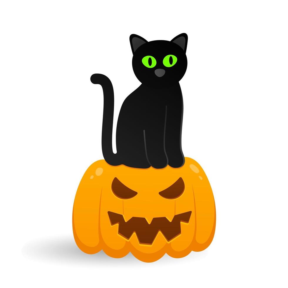 Cute black with cat sitting on halloween pumpkin with scary face vector