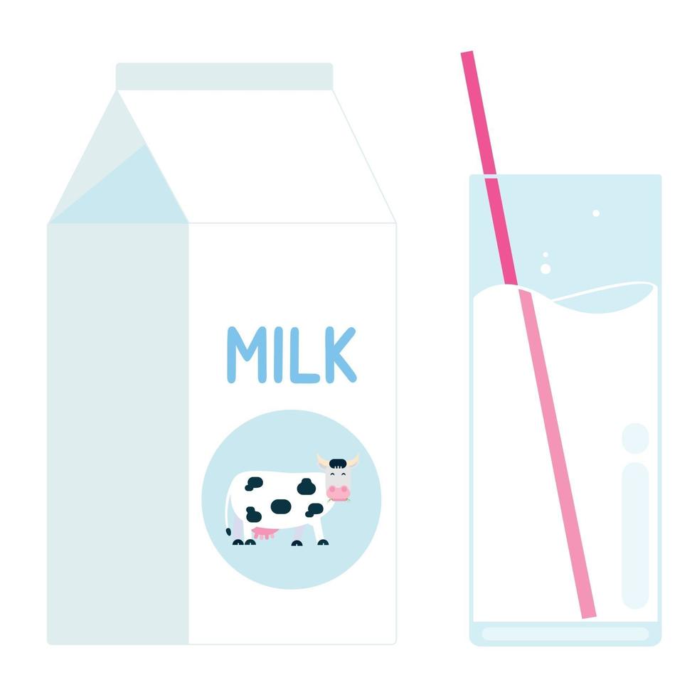 paquete de leche de producto diario con vaca en el círculo y vaso de leche con ilustración de vector de diseño de estilo plano de paja aislado sobre fondo blanco. paquete de caja de diseño plano minimalista de leche y vidrio