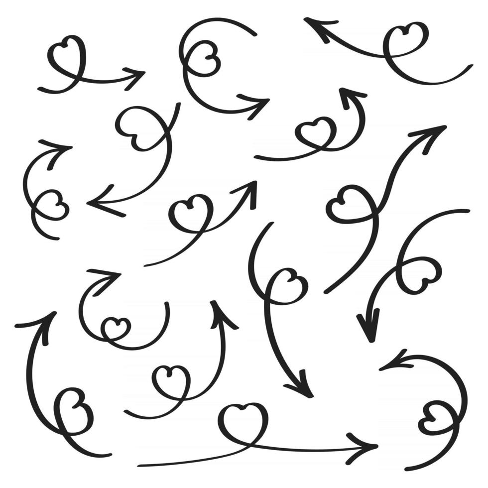flechas de amor dibujadas a mano con corazones de color rosa en el conjunto de ilustración de vector de diseño de estilo plano de flechas aislado sobre fondo blanco.